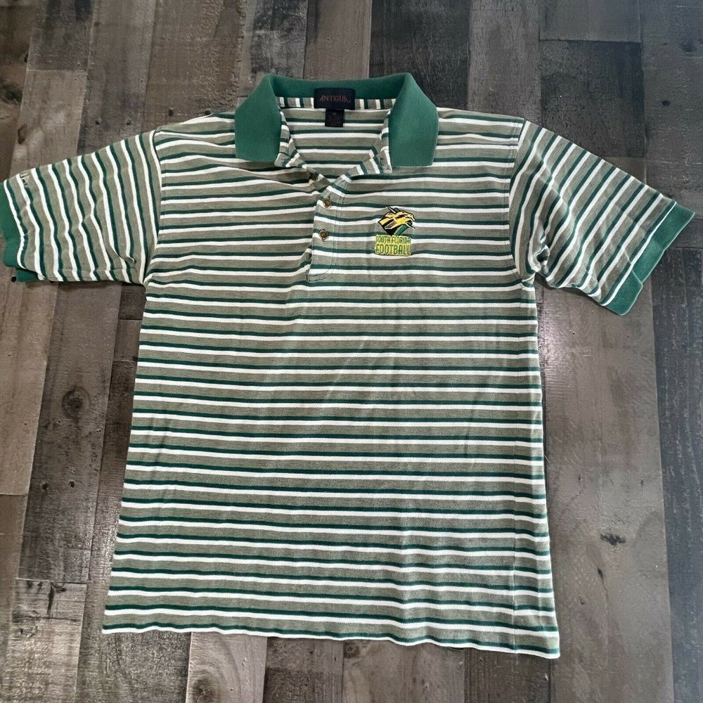 USF South Florida Bulls Polo Shirt Mens M Medium Green Striped Football VINTAGE